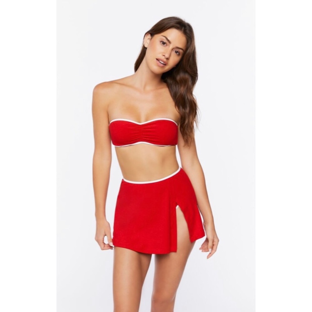 Red & White Bikini Top & Skirt Set